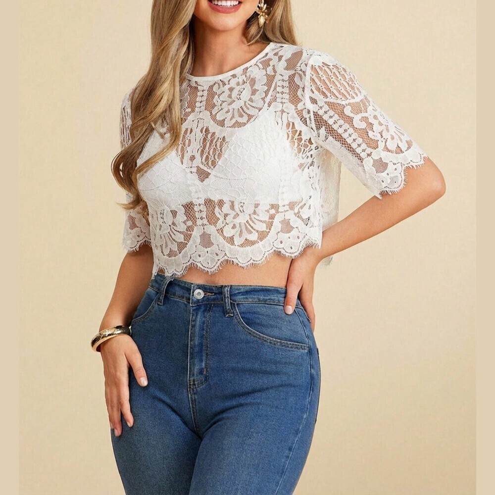 Ivory Sheer Floral Lace Scalloped Hem Short Sleeve Crop Top